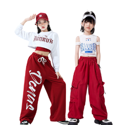 พร้อมส่ง ชุดเต้น เสื้อเปิดไหล่+กางเกงคาร์โก้ แดงไวน์