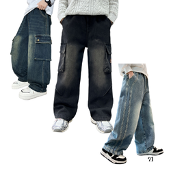 พร้อมส่ง กางเกงยีนส์เด็กชาย ขากระบอก ยีนส์คาร์โก้ ยีนส์เด็ก