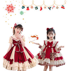 พร้อมส่ง ชุดคริสมาสต์ เดรสแขนยาวกระโปรงระบายแต่งติดโบว์