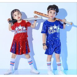 ชุดเต้นหญิง เสื้อแขนสั้นแดง+กระโปรงแดง ปักเลื่อม