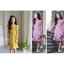 เดรสแขนกุดทรงสั้นสีชมพู-เหลือง