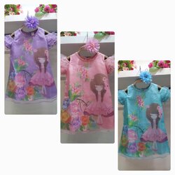 F-ชุดเด็ก : เดรสเปิดไหล่ แขนระบาย ลายการ์ตูน