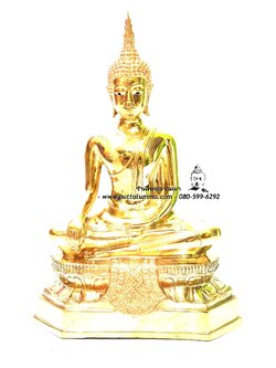 พระพุทธรูปปางมารวิชัย เนื้อโลหะ ขัดเงา หน้าตัก 9 นิ้ว สูง 16 นิ้ว