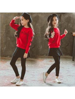 เสื้อกันหนาวเด็ก เสื้อสีแดง + เลกกิ้งกระโปรง สีดำ