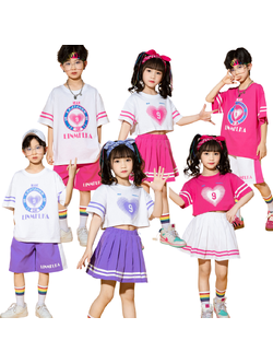 friendly4kid พร้อมส่ง ชุดเต้น ชุดเชียร์ เสื้อแขนสั้นหัวใจ+กระโปรง งานโรงเรียน กิจกรรมเต้น