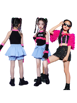 ชุดเต้น สาวเกาหลี เซ็ต3ชิน เสื้อดำสายคาดอก+กางเกงขาสั้นฟ้า มีปลอกแขน