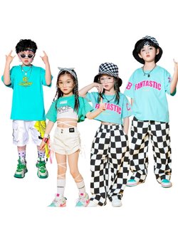 **พร้อมส่ง**ชุดเต้น ชุดแดนซ์ เสื้อสีฟ้า+กางเกงลายหมากรุก