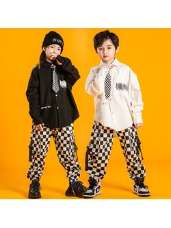 ชุดเต้น ฮิปฮอป เส้ื้อแขนยาว+กางเกงตารางขาวดำ