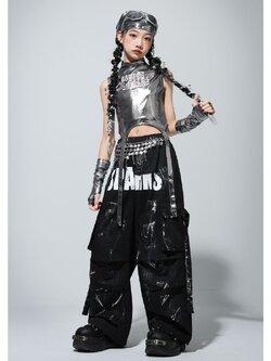 friendly4kid ชุดเต้นเด็กหญิง เสื้อแขนกุดเทา+กางเกงขายาวดำ สไตล์แจ๊ส