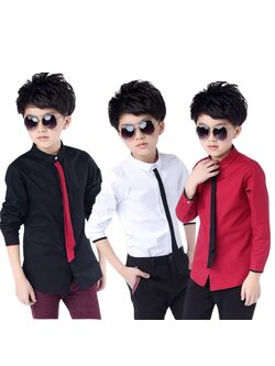 สินค้าพร้อมส่ง เสือแขนยาว เสื้อเชิ๊ต เด็ก สีพื้น พร้อมเนคไทด์