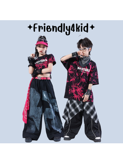 Friendly4kid ชุดเต้น เด็กชาย/หญิง ชุดเซ็ตเสื้อลายดำชมพู+กางเกงขายาวสไตล์แดนซ์**เปอดจอง