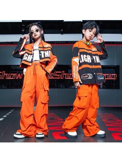 ชุดเต้น ฮิปฮอป เซ็ท เสื้อคลุมแจ๊คเก็ตLIGH TNIK+กางเกง สีส้ม**สินค้าเปิดจอง
