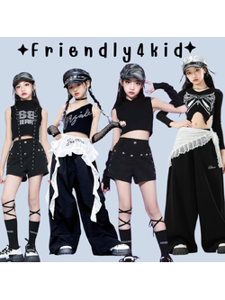 friendly4kid ชุดเต้น HipHop Kids Outfit ชุดเต้นเด็กแฟชั่นเกาหลี Jazz HipHop Costume โทนสีดำ