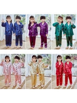 พร้อมส่ง ชุดนอนเด็ก ชุดนอนซาติน เสื้อแขนยาว+กางเกงขายาว