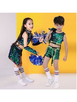 พร้อมส่ง ***ชุดเต้น ชุดฮิปฮอป เสื้อแขนกุด ปักเลื่อม สีเขียว + กางเกง