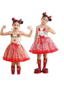 พร้อมส่ง ชุดเดรส คริสต์มาส กวางเรนเดียร์ กระโปรงแดง พร้อมที่คาดหัว