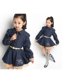 ชุดเด็ก : เดรสยีนส์แขนยาว แต่งระบายผ้าลูกไม้สีครีม