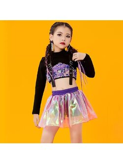 ชุดเต้น ชุดฮิปฮอป เซ็ตสีเสื้อแขนยาวสีขาวปักเลื่อม+กระโปรง สีชมพู