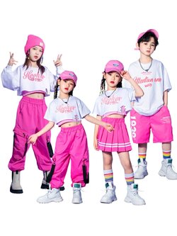 พร้อมส่ง ชุดเต้น ชุดแดนซ์ เสื้อสีขาว+กางเกงขายาว/กระโปรง สีชมพู