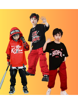 ชุดเต้น ชุดฮิปฮอป เสื้อสีแดง+กางเกงวอร์มสีขาว/ดำ อักษรจีน+ที่คาดหัว