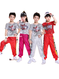 พร้อมส่ง ชุดแดนซ์ ชุดเต้น เสื้อครอปแขนสั้น +กางเกงขายาว ปักเลื่อม ปักอักษร MEOW