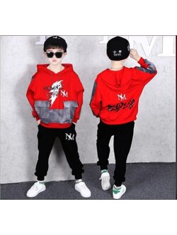 ชุดฮิปฮอปแขนยาวสีดำ-แดง แต่งกระเป๋าหน้า