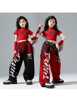 friendly4kid สินค้าพร้อมส่ง ชุดเต้นสไตล์ฮิปฮอป สตีทแดนซ์ Set แดงดำ เสื้อ/ปลอกแขน+กางเกง