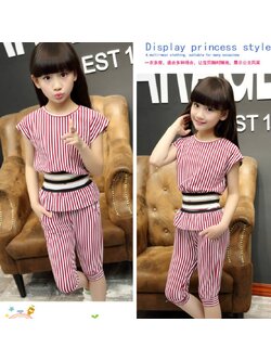 เซ็ตเสื้อเอวจ้ำ ลายทาง+กางเกงสามส่วน