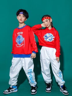 พร้อมส่ง ชุดเต้น Dance เสื้อแขนยาวสีแดง+กางเกงขาว