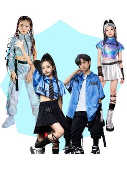 พร้อมส่ง ชุดเต้น เสื้อ+กางเกง/กระโปรงสีฟ้า-เงิน