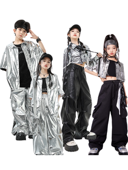 พร้อมส่ง ชุดเต้น Street dance เสื้อหนังเงิน+กางเกงขายาว