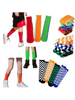 พร้อมส่ง ถุงเท้ายาว ลายหมากรุก สีพื้น มีไซส์ เด็กเล็ก-เด็กโต