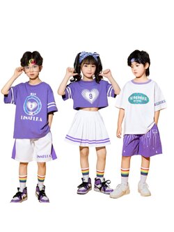 ชุดเต้น ชุดแดนซ์ เซ็ตเสื้อสีม่วง/ขาว+กางเกงขาสั้น/กระโปรง