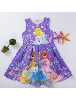 ชุดเด็ก : เดรสแขนกุด เหล่าเจ้าหญิง สีม่วง ผ้าพิมพ์ลายในตัว