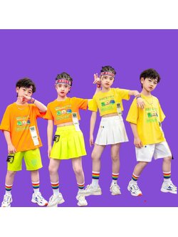 พร้อมส่ง***ชุดเต้น ชุดเชียร์เซ็ตชายหญิง เสื้อแขนสั้นส้ม เหลือง+กระโปรง/กางเกง