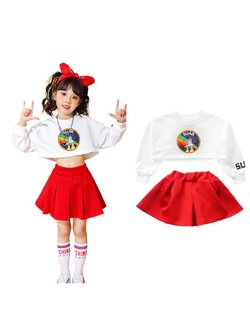 พร้อมส่ง ***ชุดเต้น เสื้อแขนยาวขาว เอวลอยพิมพ์ลายอก+กระโปรง เสื้อขาว กระโปรงแดง