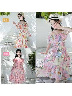 ชุดเด็ก : ชุดเดรส ลายดอก เปิดไหล่