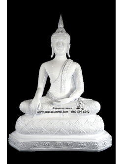 พระพุทธรูปปางมารวิชัย สีขาวล้วน ศิลปะอู่ทอง เนื้อเรซิ่น หน้าตัก 9 นิ้ว สูง 15 นิ้ว