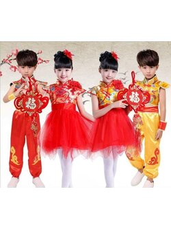 ชุดจีน กี่เพ้า สีแดงกระโปรงฟู