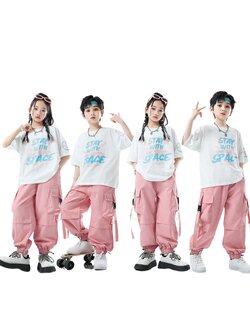 ชุดเต้น ชุดเซ็ต cover dance เสื้อขาวแขนสั้น ทรงโอเวอร์ไซส์ +กางเกงคาร์โก้ สีชมพูพาสเทล