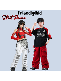 Friendly4kidชุดเต้นเด็กชาย/หญิง set เสื้อ+กางเกง สีดำ-แดงสไตล์สตรีทแดนซ์
