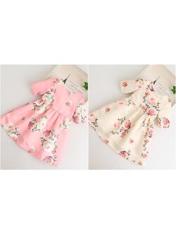 เดรสลายดอก แขนสามส่วน สีชมพู ,สีครีม