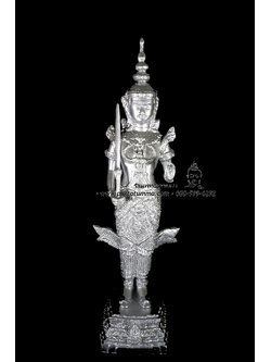 พระสยามเทวาธิราช สีโครเมี่ยม เนื้อเรซิ่น ฐาน 3.5 นิ้ว สูง 15 นิ้ว