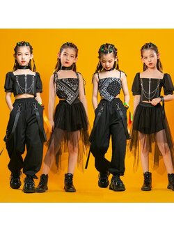 ชุดเต้น ฮิปฮอป เสื้อสามเหลี่ยม+กางเกงขายาวสีดำ