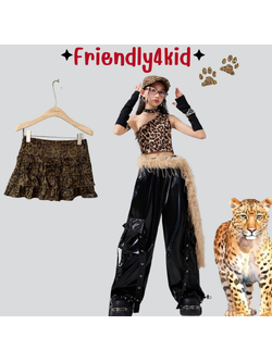 Friendly4kid ชุดเต้น เด็กผู้หญิง เซ็ตเสื้อลายเสือ+กางเกงแนวสตรีทลุคฮิปฮอป**เปิดจอง