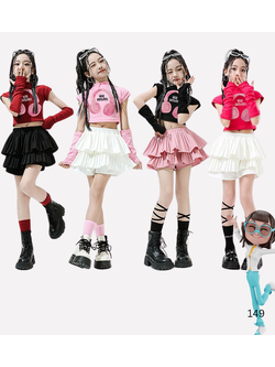 พร้อมส่ง ชุดเต้นเด็ก เสื้อ พร้อมปลอกแขน+กระโปรงอัดพลีท