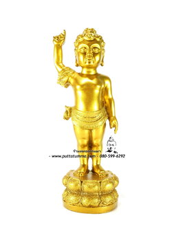 พระพุทธเจ้าน้อย ( ประสูติ) เนื้อเรซิ่น สีทอง ฐาน 4 นิ้ว สูง 10 นิ้ว