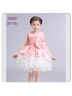 เดรสออกงานแขนกุดกระโปรงระบายขาวติดโบว์ สีชมพู