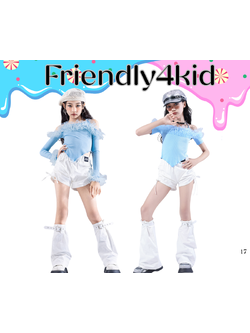 พร้อมส่ง ชุดเต้นเด็กผู้หญิง แฟชั่นเกาหลี สีฟ้าขาว สไตล์ K-pop ฮิปฮอป แขนเปิดไหล่ + กางเกงขาสั้น พร้อมปลอกขา