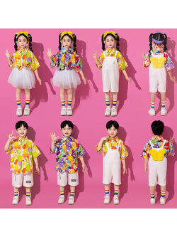 พร้อมจัดส่ง ชุดเต้น เอี๊ยมขาว + เสื้อเชิ๊ตลายเหลือง